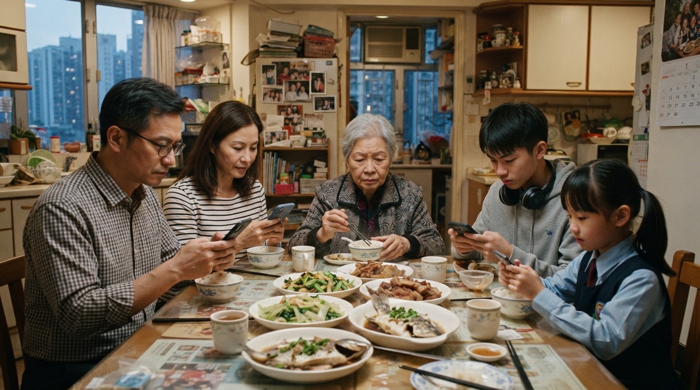 一齊食飯，各自睇手機——「喺度」唔等於「喺一齊」